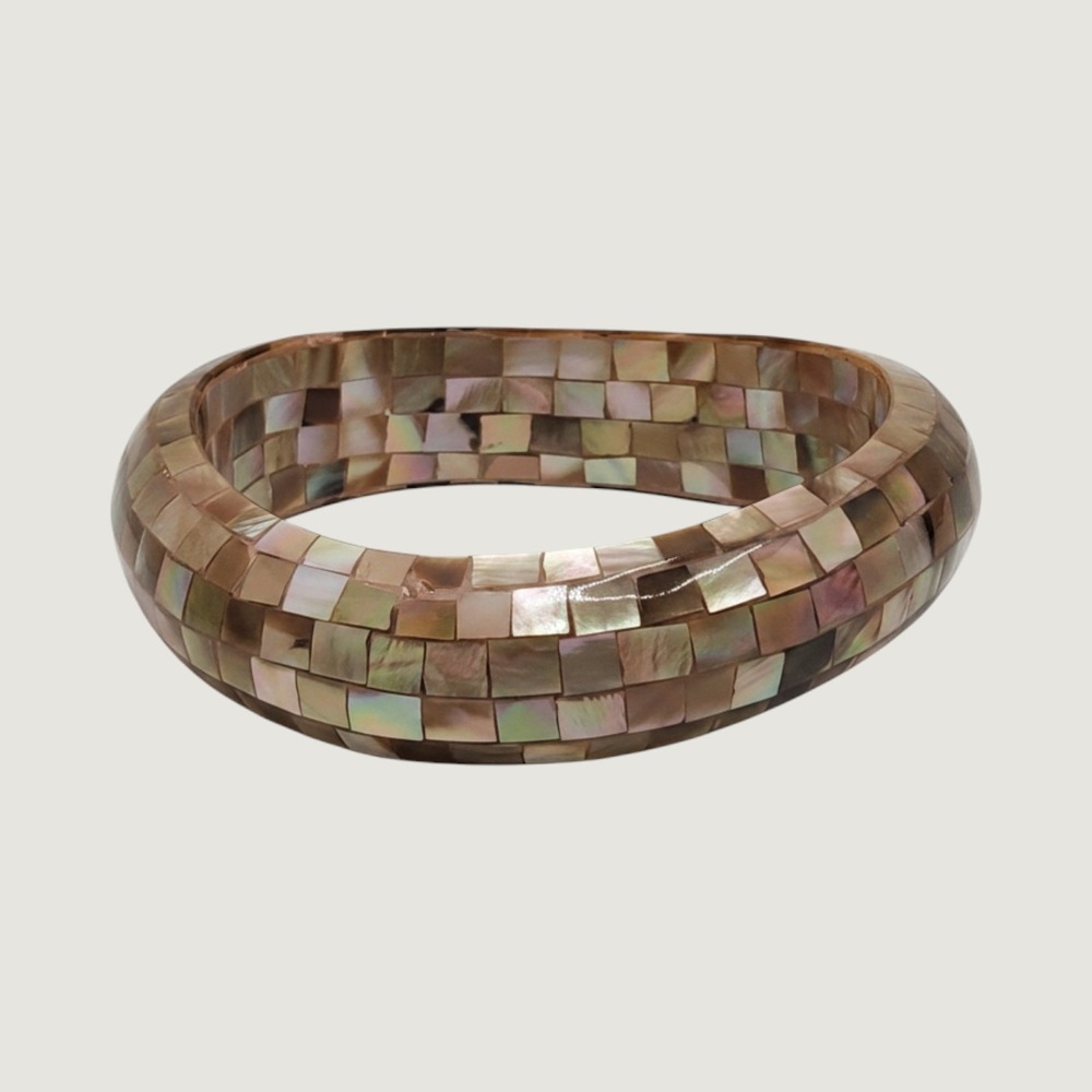 Vintage Mother of Pearl Mosaic Bangle Bracelet Asymetrical Iridescent Shell Boho